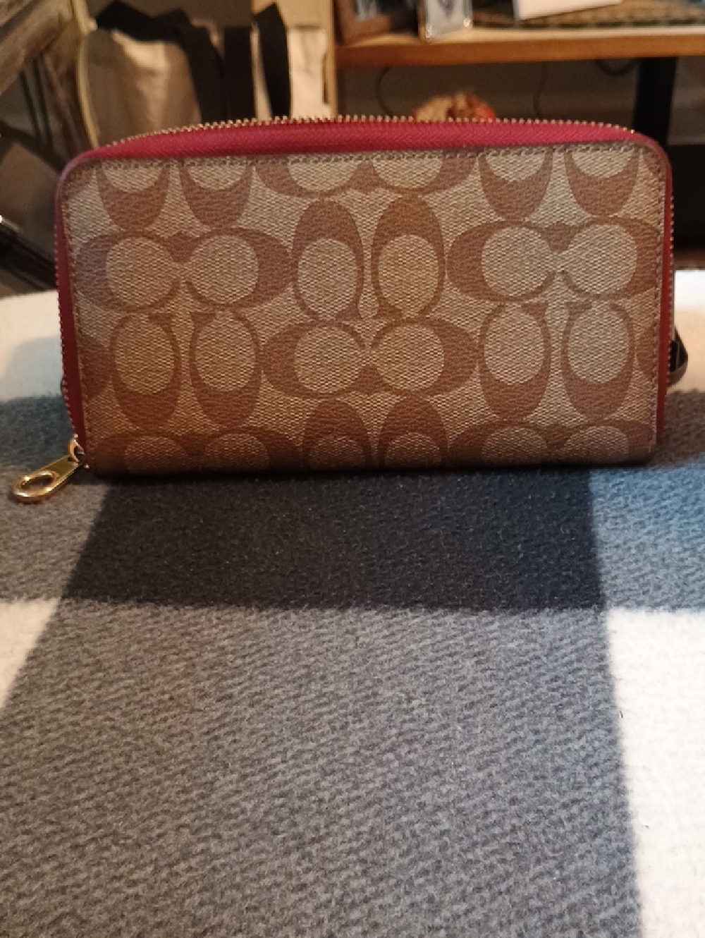 Coach Brown/Khaki Signature Zip Wallet with Wine Trim - Picture 10 of 10